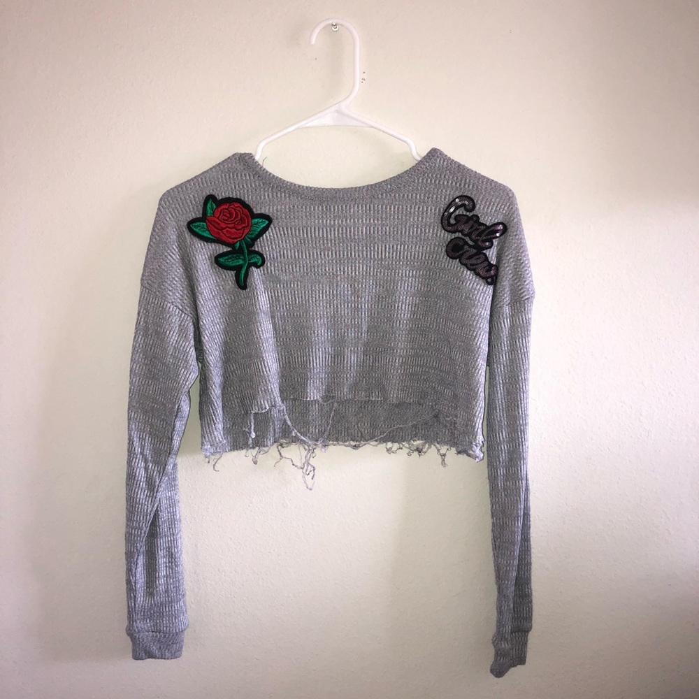 Gray Fringe Long Sleeve Crop Top